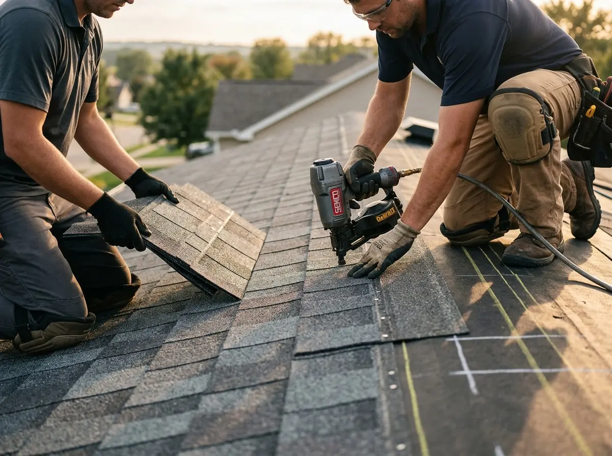 Professional roofer working on a residential roof in Brea
